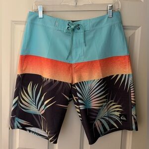 Quicksilver Striped/Palm Printed Stretch 9” Boardshorts, Size 29